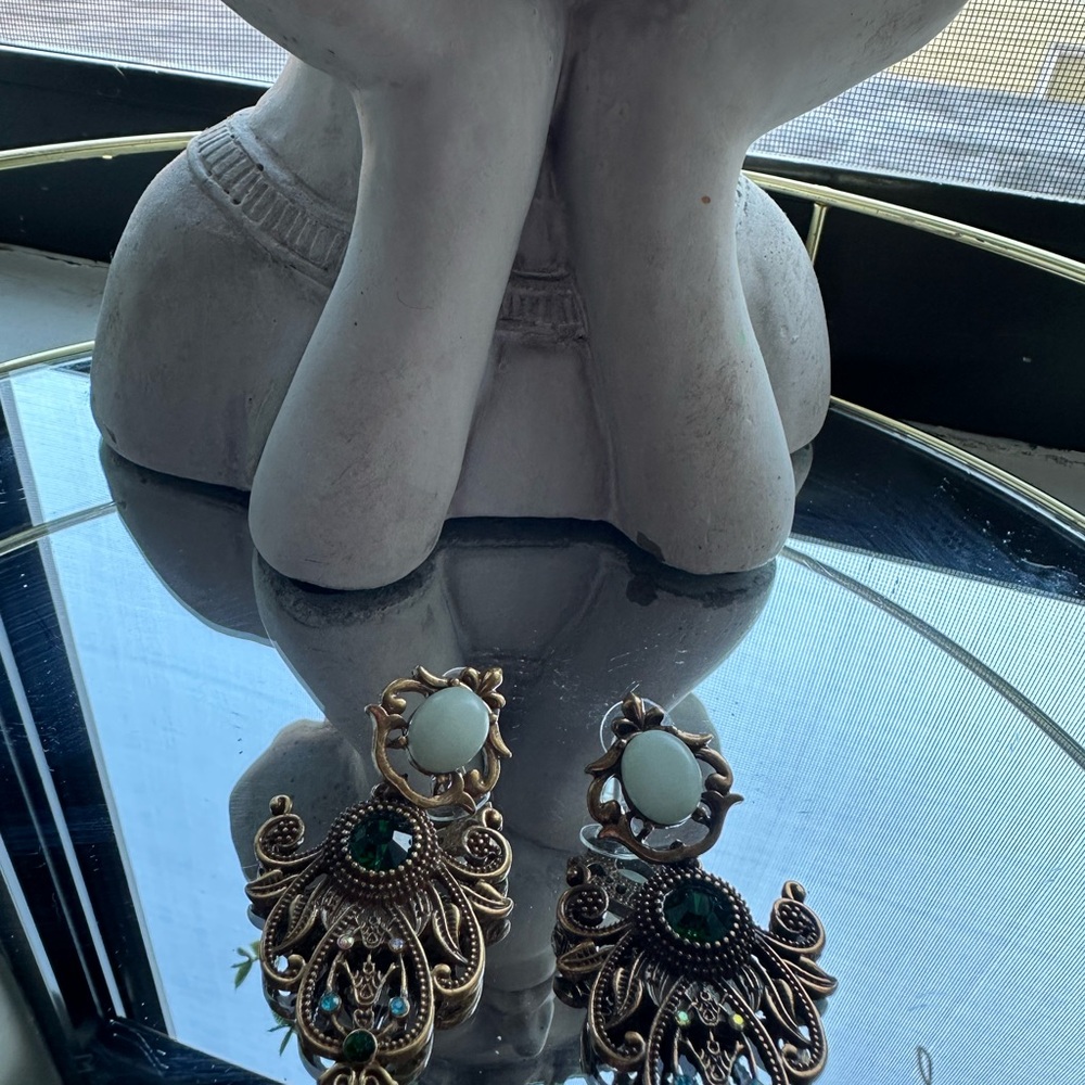 Ornate Gold and Green Drop Earrings